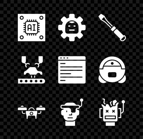 Set Processor with microcircuits CPU, Robot, Screwdriver, Drone, Smart glasses Stock Illustration