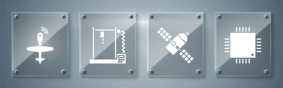 Set Processor with microcircuits CPU, Satellite, 3D printer and UAV Drone Stock Illustration