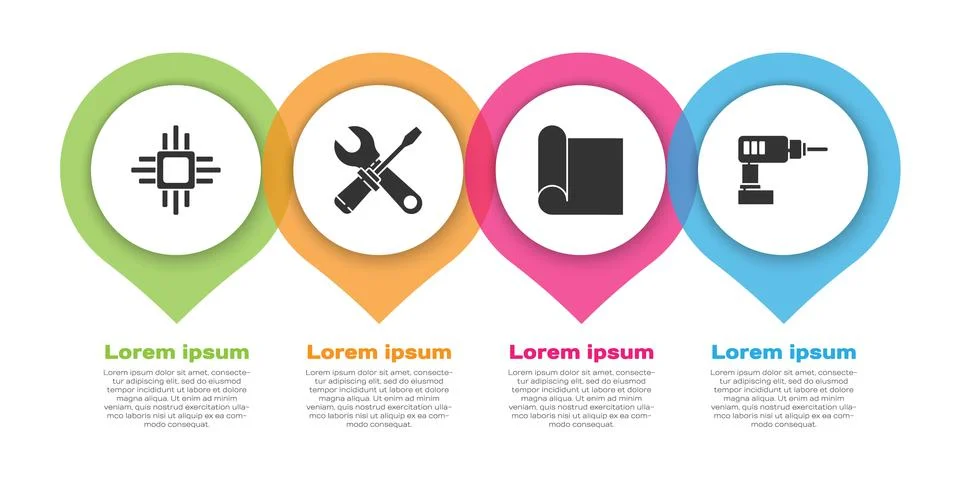Set Processor with microcircuits CPU, Screwdriver and wrench spanner, Graphing 库存插图