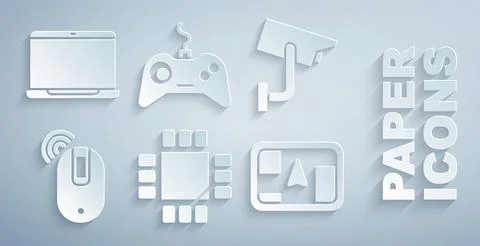 Set Processor with microcircuits CPU, Security camera, Wireless computer mouse イラスト素材