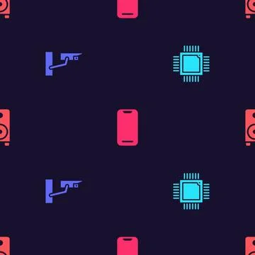 Set Processor with microcircuits CPU, Security camera, Smartphone and Stereo  Stock Illustration