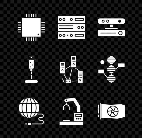 Set Processor with microcircuits CPU, Server, Data, Web Hosting, Motion sensor Stock Illustration