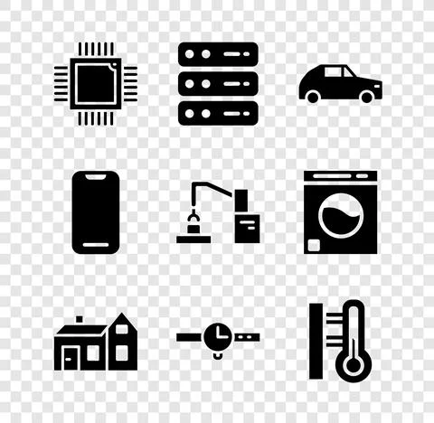 Set Processor with microcircuits CPU, Server, Data, Web Hosting, Car, House Stock Illustration