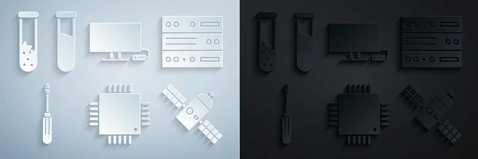 Set Processor with microcircuits CPU, Server, Data, Web Hosting, Screwdriver Illustrazione stock