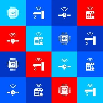 Set Processor with microcircuits CPU, Smart water tap, Smartwatch and coffee Stock Illustration
