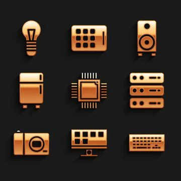 Set Processor with microcircuits CPU, Smart Tv, Keyboard, Server, Data, Web Stock Illustration