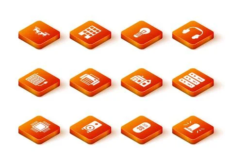 Set Processor with microcircuits CPU, Stereo speaker, Heating radiator, Printer Stock Illustration