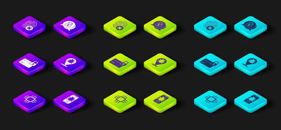 Set Processor with microcircuits CPU, System bug on mobile, Credit card lock Illustrazione stock