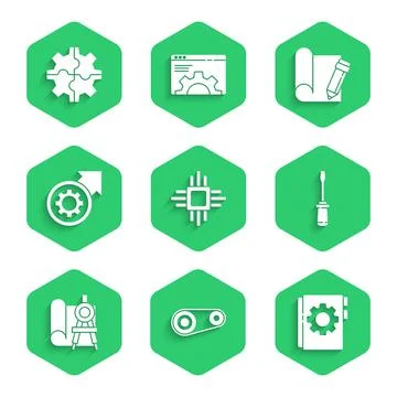 Set Processor with microcircuits CPU, Timing belt kit, User manual, Screwdriver Stock Illustration