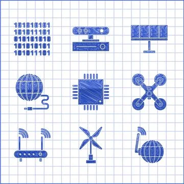 Set Processor with microcircuits CPU, Wind turbine, Social network, Drone flying Stockillustratie
