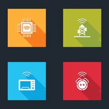 Set Processor with microcircuits CPU, Wireless antenna, Smart microwave oven and Stock Illustration