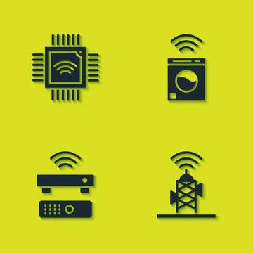 Set Processor with microcircuits CPU, Wireless antenna, TV box receiver and Stockillustratie