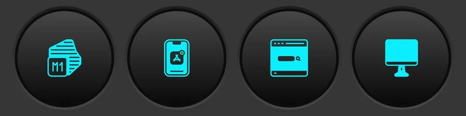 Set Processor, Mobile Apps, Search engine and Computer monitor screen icon Illustrazione stock