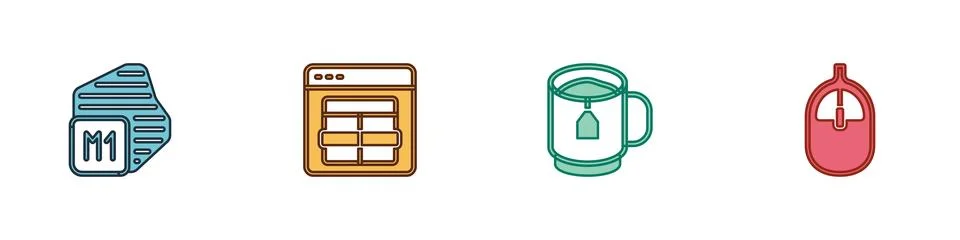 Set Processor, MySQL code, Cup of tea with tea bag and Computer mouse icon Stock Illustration