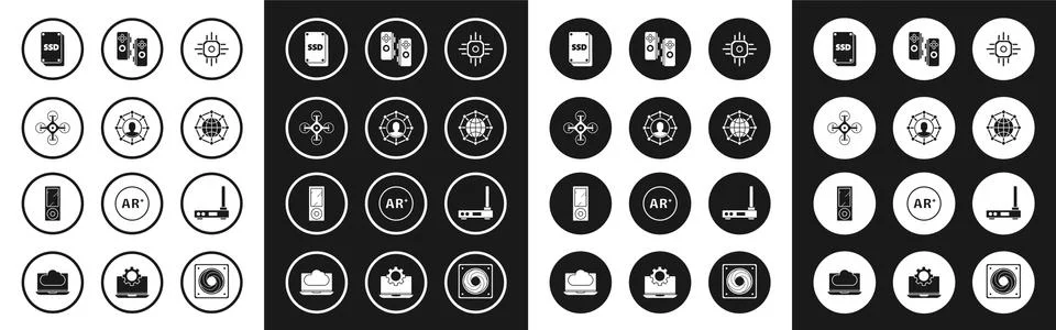 Set Processor, Project team base, Drone, SSD card, Global technology social Stock Illustration