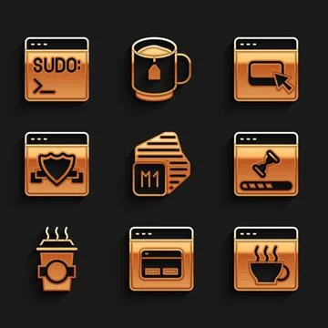 Set Processor, Search engine, Software, Loading data window, Coffee cup to .. Illustrazione stock