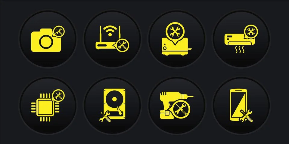 Set Processor service, Air conditioner, Hard disk drive, Drill machine, Toaster Stockillustratie