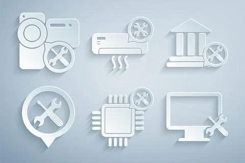 Set Processor service, Bank building, Location, Computer monitor, Air Illustrazione stock