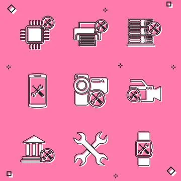 Set Processor service, Printer, Database server, Smartphone, Video camera, Bank Illustrazione stock
