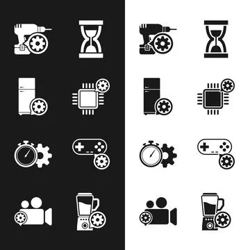 Set Processor setting, Refrigerator, Drill machine, Old hourglass with sand.. Stock Illustration