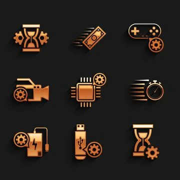 Set Processor setting, USB flash drive, Hourglass, Stopwatch, Power bank and Illustrazione stock