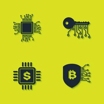 Set Processor, Shield with bitcoin, chip dollar and Cryptocurrency key icon Illustrazione stock