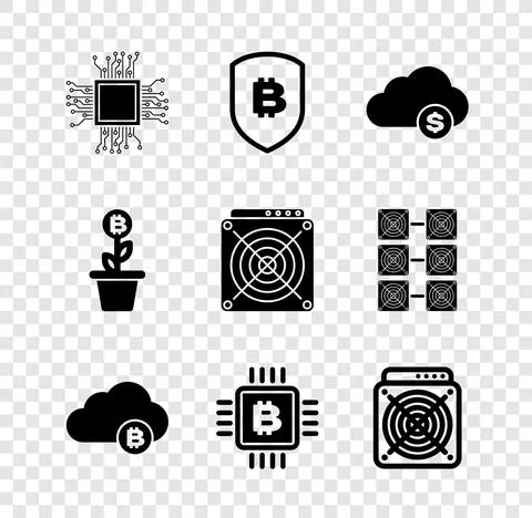 Set Processor, Shield with bitcoin, Cryptocurrency cloud mining, , CPU farm and イラスト素材