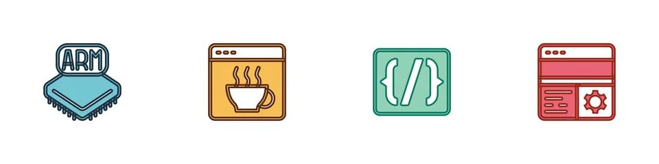 Set Processor, Software, Programming language syntax and Debugging icon. Vector Stock Illustration