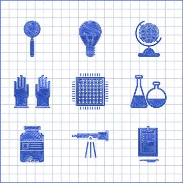 Set Processor, Telescope, Clipboard with document, Test tube and flask chemical Stock Illustration