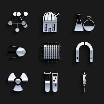 Set Processor, Test tube and flask chemical laboratory, Syringe, Magnet Stock Illustration