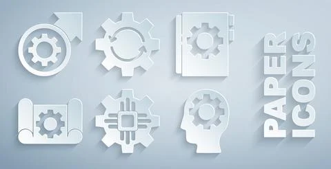 Set Processor, User manual, Graphing paper and gear, Human head with inside Illustrazione stock