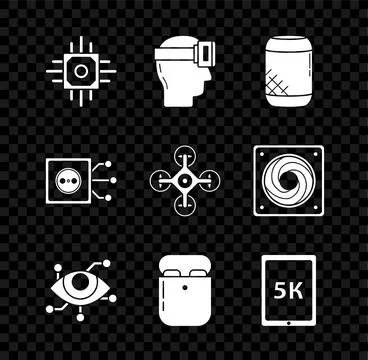 Set Processor, Virtual reality glasses, Voice assistant, Air headphones in box Stock Illustration