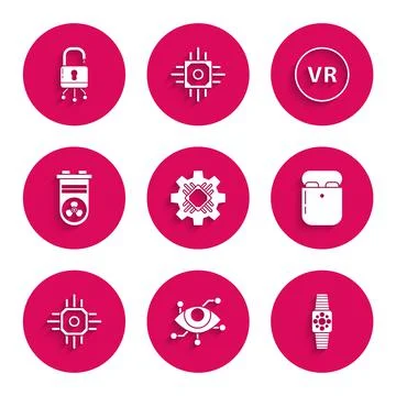 Set Processor, Virtual reality, Smartwatch, Air headphones in box, Video graphic Stock Illustration