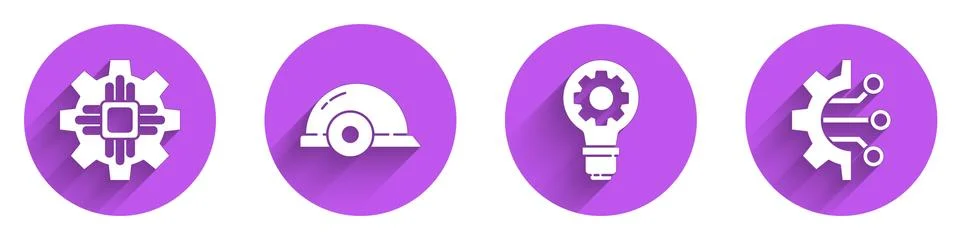 Set Processor, Worker safety helmet, Light bulb and gear and Algorithm icon with Illustrazione stock