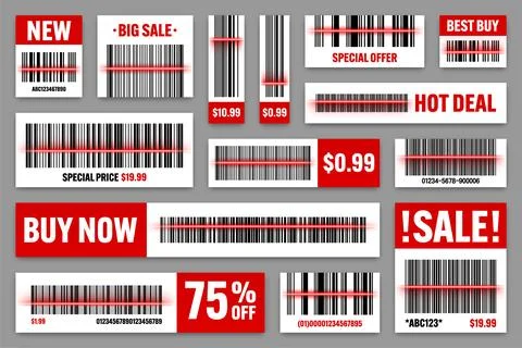 Set of product barcodes with red scanning line. Sale stickers, discount label or Stockillustratie