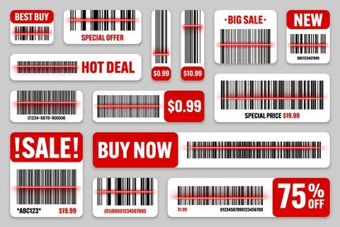 Set of product barcodes with red scanning line. Sale stickers, discount label or Illustrazione stock
