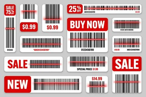 Set of product barcodes with red scanning line. Sale stickers, discount label or Stockillustratie