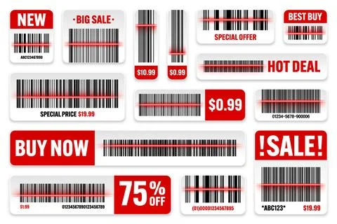Set of product barcodes with red scanning line. Sale stickers, discount label or Illustrazione stock