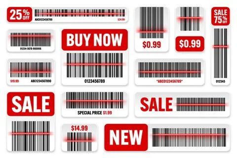 Set of product barcodes with red scanning line. Sale stickers, discount label or Illustrazione stock