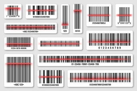 Set of product barcodes with red scanning line. Identification tracking code イラスト素材