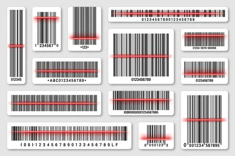 Set of product barcodes with red scanning line. Identification tracking code イラスト素材