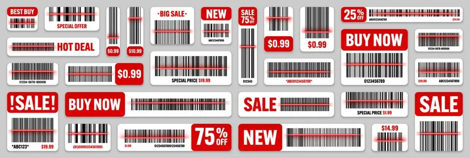 Set of product barcodes with red scanning line. Sale stickers, discount label or Stockillustratie