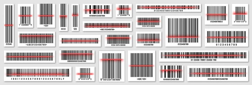 Set of product barcodes with red scanning line. Identification tracking code イラスト素材