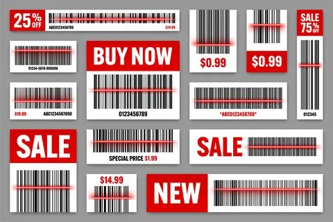 Set of product barcodes with red scanning line. Sale stickers, discount label or イラスト素材