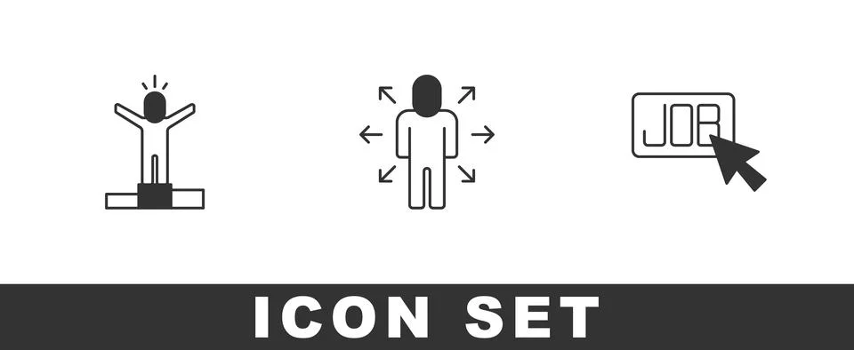 Set Productive human, Multitasking manager working and Search job icon. Vector 스톡 일러스트
