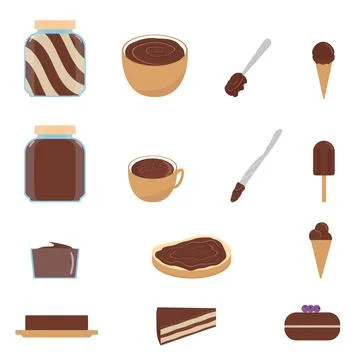 Set of products with chocolate. Chocolate paste, butter, ice cream, cake. Stock Illustration