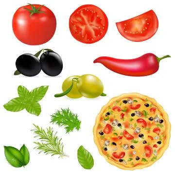 Set of products with pizza Stock Illustration