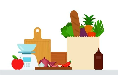 Set of products on the table and kitchen utensils vector illustration Stock Illustration
