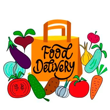 Set of products, vegetables and a package with the inscription - Food Delivery Illustrazione stock