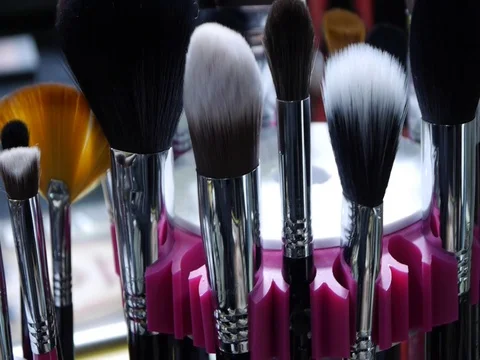 A set of professional brushes for makeup and cosmetic purposes. Stock Footage 73397879
